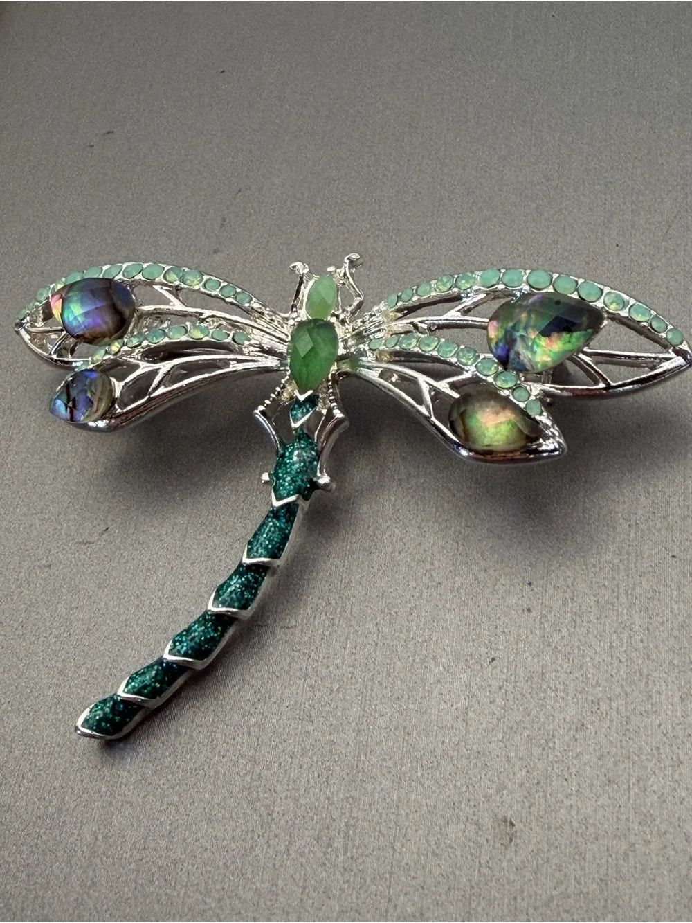 Napier Dragonfly Brooch Silver Tone Iridescent Green Rhinestone 2” Signed Vtg